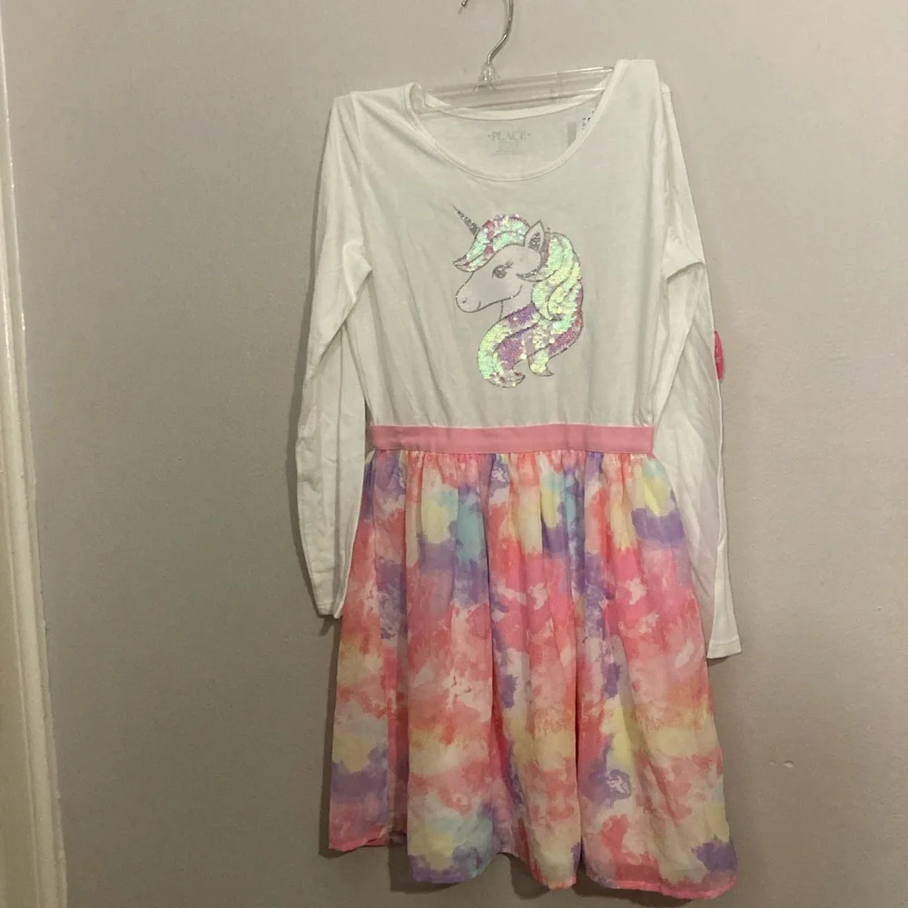 7-7 the children’s place girls dress unicorn sequins tie dye large 10/12 NWT